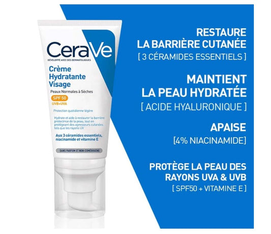 CERAVE Crème Hydratante Visage SPF50 | Crème Ecrans Solaires Non Grasse Hydratante