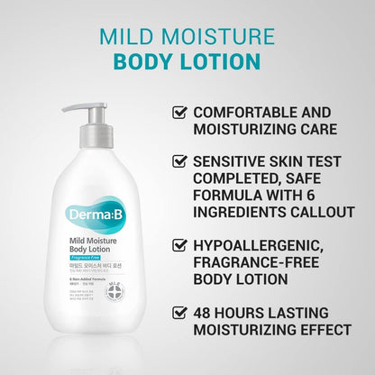 Derma: B Mild Moisture Body Lotion | Lait Corps Hydratant Doux Peau Sensible, Sèche ou Irritée