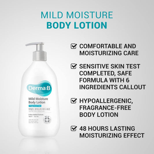 Derma: B Mild Moisture Body Lotion | Lait Corps Hydratant Doux Peau Sensible, Sèche ou Irritée
