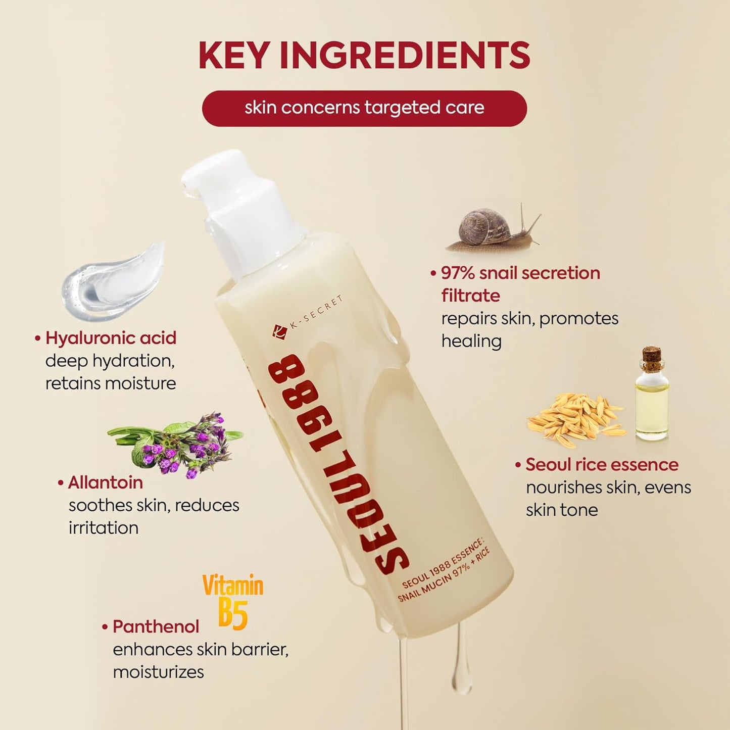 KSECRET SEOUL 1988 Essence : Snail Mucin 97% + Rice | Essence Haute Concentration Régénérante Illuminante