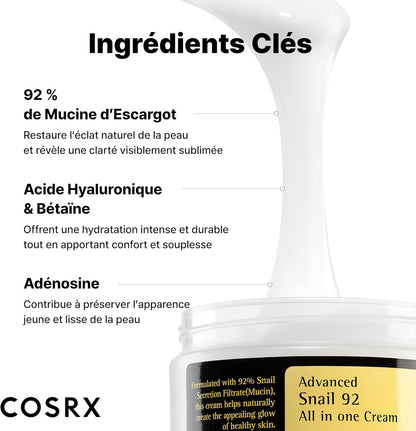 COSRX Advanced Snail 92 All In One Cream | Crème tout-en-un | Mucine Escargot Ultra-Réparatrice Best Seller #1 KCosmetics