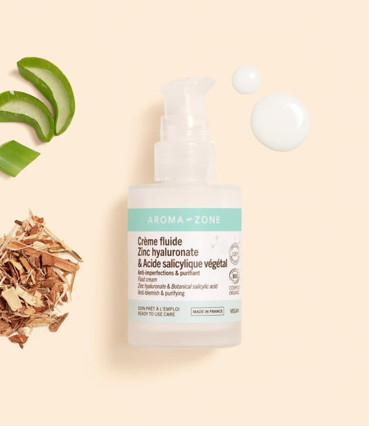 AROMAZONE Crème fluide Zinc hyaluronate & Acide salicylique végétal |  Purifiant & Hydratant