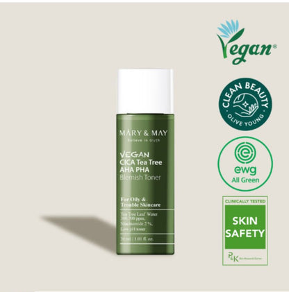 Mary&May Vegan Cica Teatree AHA PHA Blemish Toner Mini | Tonique Exfoliant Apaisant Lissant