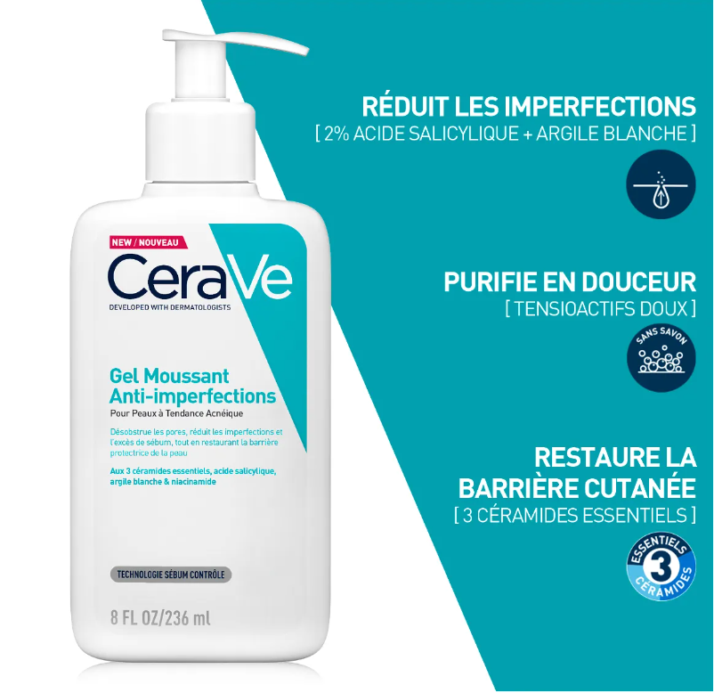 CeraVe Blemish Control Cleanser | Gel Moussant Nettoyant Anti Acné & Points Noirs