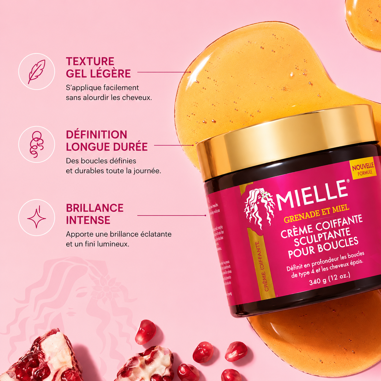 Mielle Pomegranate & Honey Coil Sculpting Custard | Crème Coiffante Définissante cheveux bouclés